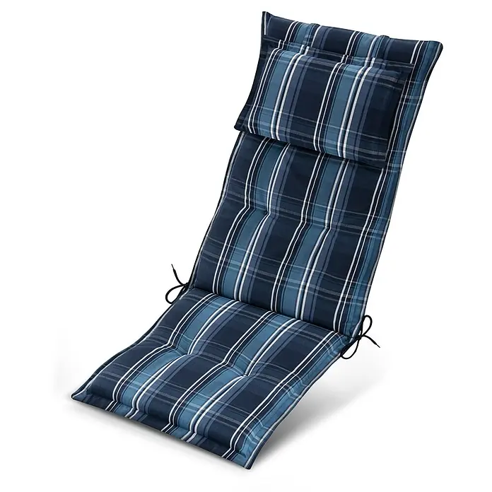 Beautissu Sitzauflage Highlux HL - Hochlehner, 1 Stk., L x B x H: 120 x 52 x 7 cm, Polyester, Blau-weiß-Kariert - Gestepptes Liegenkissen mit blauem Karomuster und Bändern.