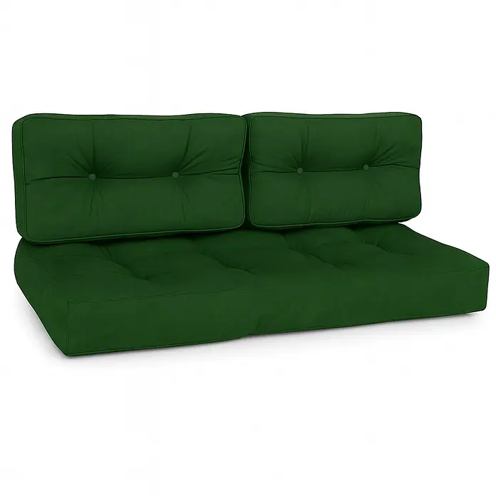 Beautissu Sitzauflage Eco Style - Europalette, 2 Stk., L x B x H: 120 x 80 x 15 cm, Polyester, Dunkelgrün - Ein Set aus tiefgrünen, getufteten Palettensofa-Kissen, bestehend aus einem Sitzkissen und zwei Rückenkissen.