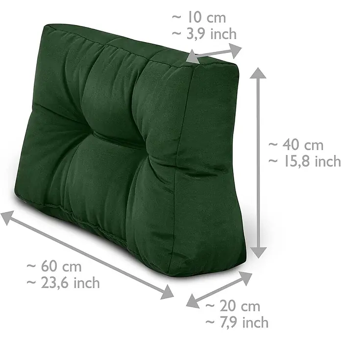 Beautissu Sitzauflage Eco Style - Europalette, 2 Stk., L x B x H: 120 x 80 x 15 cm, Polyester, Dunkelgrün - Dunkelgrünes, getuftetes Keilkissen, 60x40 cm, 10-20 cm dick, zur Rückenunterstützung.