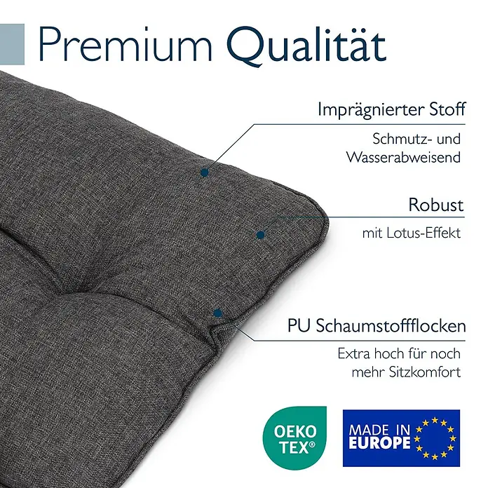 Beautissu Sitzauflage Beauflair - Outdoor Lounge, 1 Stk., L x B x H: 70 x 12 x 40 cm, Polyester, Graphitgrau - Grau meliertes, robustes Polsterkissen mit schmutz- und wasserabweisendem Stoff (Lotus-Effekt) und hohem PU-Schaumstoff für Premium-Sitzkomfort.