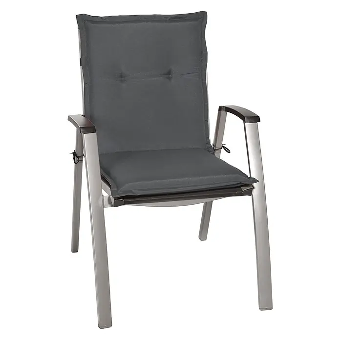 Beautissu Sitzauflage Loft NL - Niederlehner, 6 Stk., L x B x H: 100 x 6 x 50 cm, Polyester, Graphitgrau - Bequemer Gartenstuhl mit hellgrauem Metallrahmen und dunkelgrauen gepolsterten Kissen.