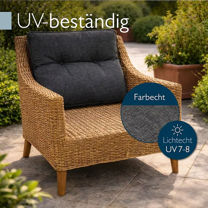 Beautissu Sitzauflage Beauflair - Outdoor Lounge, 1 Stk., L x B x H: 70 x 12 x 40 cm, Polyester, Graphitgrau - Geflochtener Outdoor-Sessel mit dunkelgrauem Kissen, UV-beständig und lichtecht.