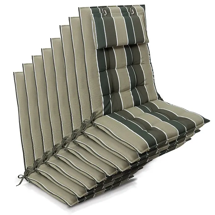 Beautissu Sitzauflage Sun-HL - Hochlehner, 8 Stk., Polyester, grün-gestreift - Stapel gestreifter Outdoor-Sitzkissen in Grün und Beige mit weißen Paspeln, Bändern und Aufhängehaken.