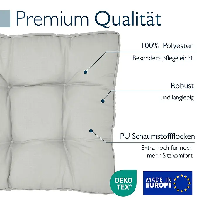 Beautissu Sitzauflage XLuna - Outdoor Lounge, 1 Stk., L x B x H: 70 x 70 x 10 cm, Polyester, Hellgrau - Helles, gestepptes Sitzkissen aus 100% Polyester mit PU-Schaumstoffflockenfüllung, betont Premium-Qualität, Langlebigkeit und zusätzlichen Komfort.