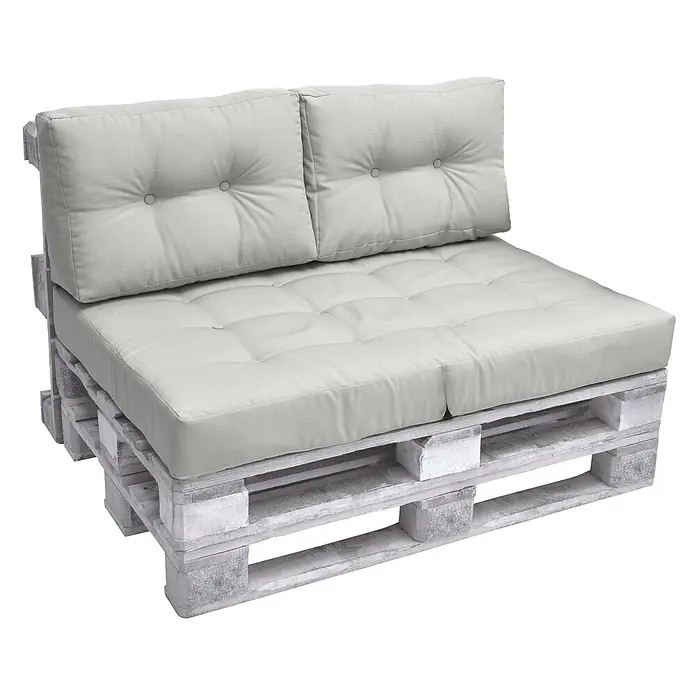 Beautissu Sitzauflage ECO Elements - Europalette, 1 Stk., L x B x H: 60 x 40 x 20 cm, Polyester, Hellgrau - Zweisitzer-Palettensofa mit hellgrauen gesteppten Kissen.