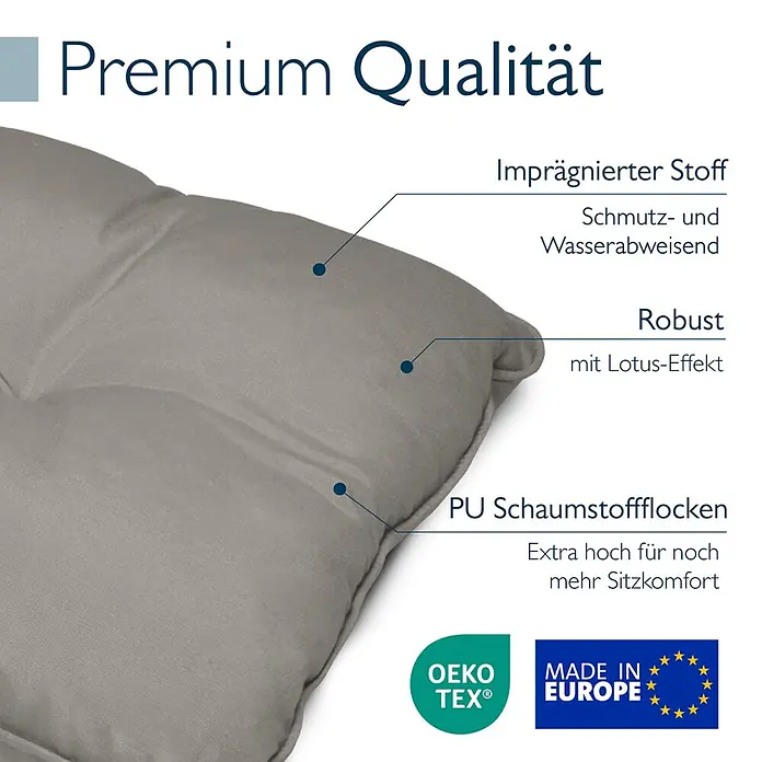 Beautissu Sitzauflage Flair Outdoor - Outdoor Lounge, 2 Stk., L x B x H: 50 x 50 x 22 cm, Polyester, Hellgrau - Graues Premium-Sitzkissen aus imprägniertem Stoff mit Lotus-Effekt und PU-Schaumstoffflocken für hohen Sitzkomfort.