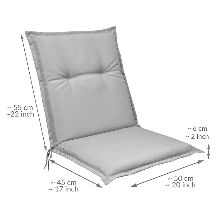 Beautissu Sitzauflage Base NL - Niederlehner, 1 Stk., L x B x H: 100 x 50 x 6 cm, Polyester, Hellgrau - Hellgraues Hochlehner-Stuhlkissen mit Gestepptdesign und Bindebändern, mit ungefähren Maßen.