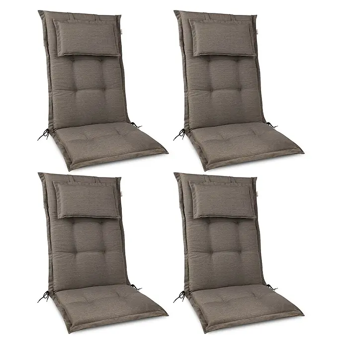 Beautissu Sitzauflage HighLux HL - Hochlehner, 4 Stk., Polyester, Taupe - Vier taupefarbene, strukturierte Hochlehner-Stuhlkissen, jeweils mit integriertem Kopfkissen und Befestigungsbändern.
