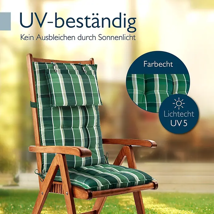 Beautissu Sitzauflage Sun-HL - Hochlehner, 4 Stk., Polyester, grün-Kariert - Grünes kariertes UV-beständiges Außenkissen auf einem Holzstuhl, farbecht und lichtecht UV5.