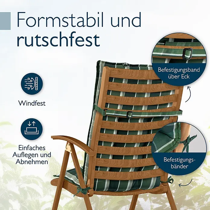 Beautissu Sitzauflage Sun-HL - Hochlehner, 4 Stk., Polyester, grün-Kariert - Grün-weiß gestreiftes Stuhlkissen auf Holzgartenstuhl, mit Befestigungsbändern und -gurten für Stabilität und einfache Handhabung.