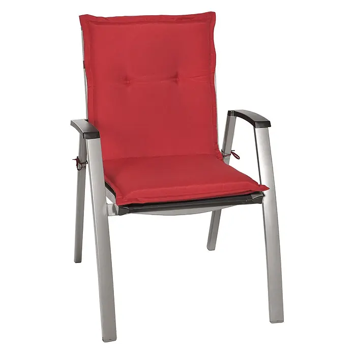 Beautissu Sitzauflage Loft NL - Niederlehner, 1 Stk., Polyester, Rot - Roter Outdoor-Stuhl mit dicken Polstern und einem silberfarbenen Aluminiumrahmen.