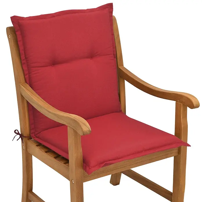 Beautissu Sitzauflage Loft NL - Niederlehner, 1 Stk., Polyester, Rot - Gartenarmlehnstuhl aus Holz mit roten, gepolsterten Sitz- und Rückenpolstern.