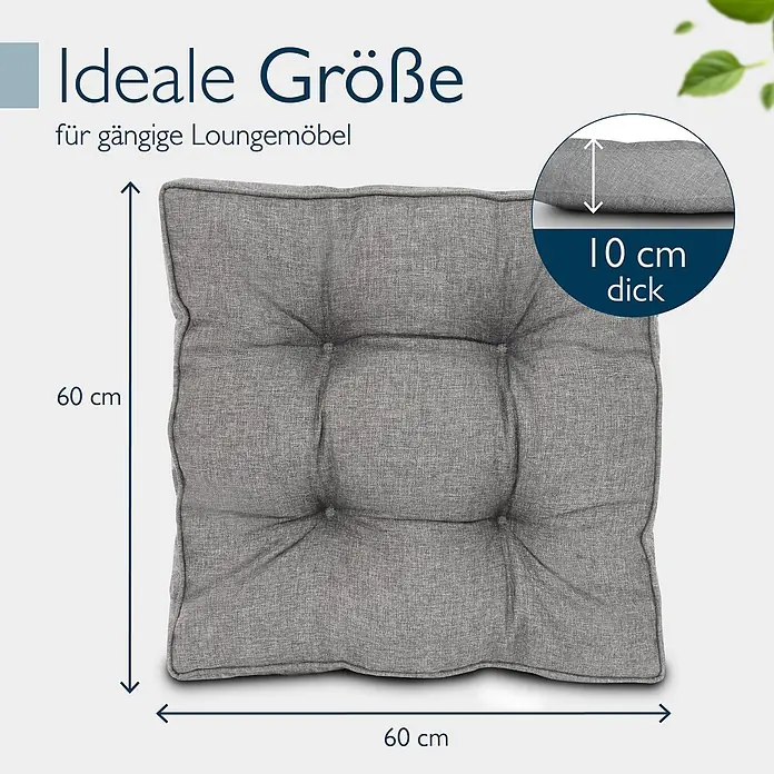 Beautissu Sitzauflage Beauflair - Outdoor Lounge, 1 Stk., L x B x H: 60 x 10 x 60 cm, Polyester, Hellgrau - Graues, gestepptes Lounge-Kissen, 60x60x10 cm, ideal für gängige Loungemöbel.