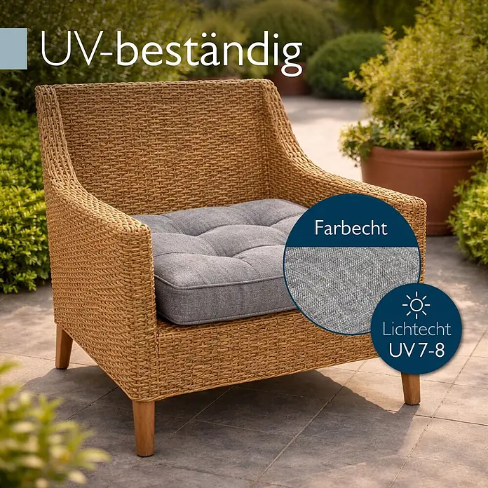 Beautissu Sitzauflage Beauflair - Outdoor Lounge, 1 Stk., L x B x H: 50 x 10 x 50 cm, Polyester, Hellgrau - UV-beständiger Outdoor-Sessel aus Geflecht mit grauem Kissen.