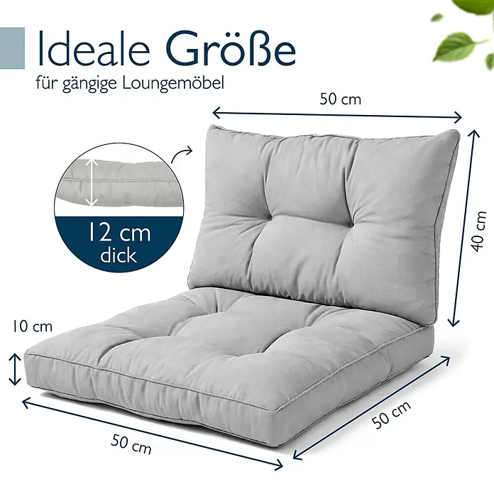 Beautissu Sitzauflage XLuna - Outdoor Lounge, 2 Stk., L x B x H: 50 x 50 x 22 cm, Polyester, Hellgrau - Graues Lounge-Kissen-Set mit Sitzkissen (50x50x10 cm) und Rückenkissen (50x40x12 cm), ideal für Loungemöbel.