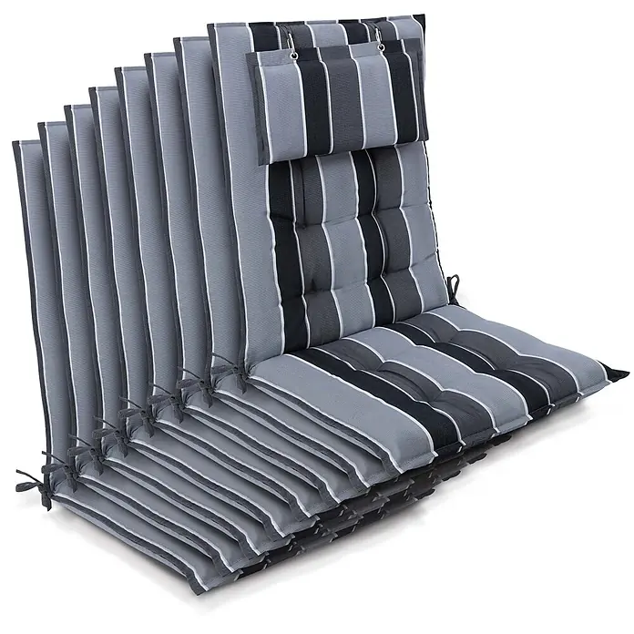 Beautissu Sitzauflage Sun-HL - Hochlehner, 8 Stk., Polyester, anthrazit-gestreift - Stapel gestreifter Gartenstuhlauflagen in Grau, Schwarz, Weiß mit Bindebändern, Ringen und Knopfheftung.