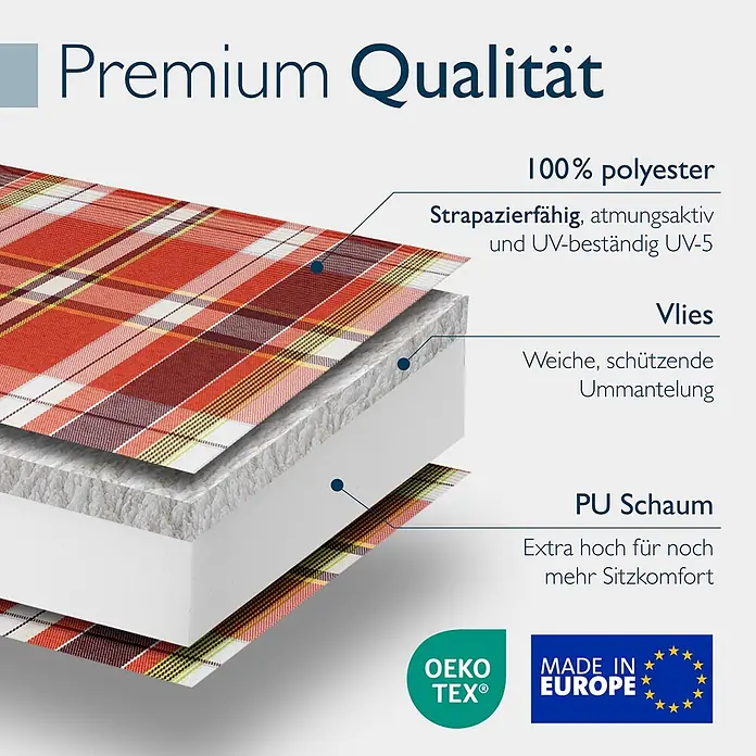 Beautissu Sitzauflage Highlux HL - Hochlehner, 3 Stk., Polyester, Orange-Rot-Grün-Kariert - Geschichtetes Kissen mit rotem Karomuster, Polyester, weichem Vlies, extra hohem PU-Schaum für Premium-Komfort, OEKO-TEX, Made in Europe.