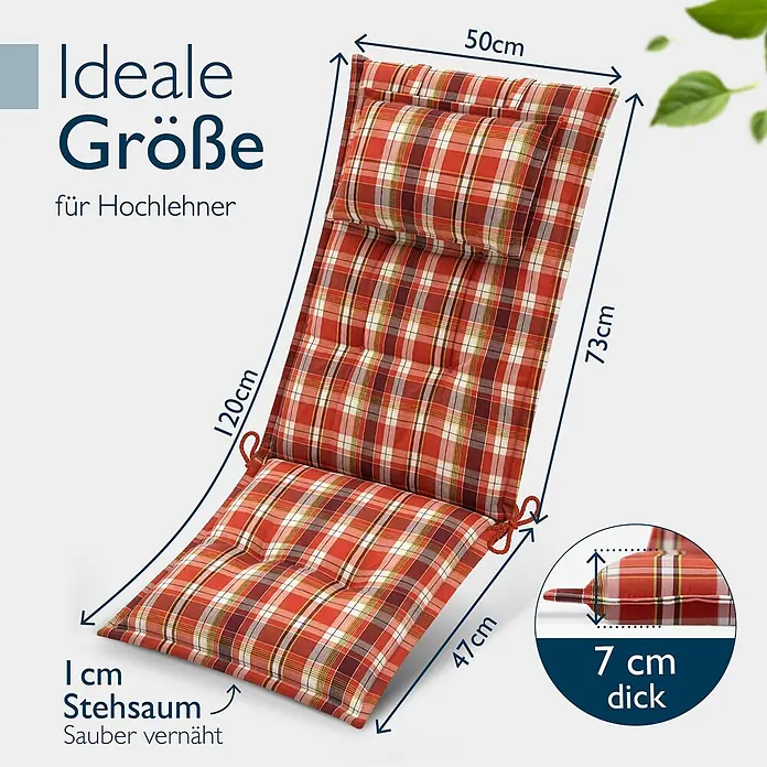 Beautissu Sitzauflage Highlux HL - Hochlehner, 3 Stk., Polyester, Orange-Rot-Grün-Kariert - Rot karierte Hochlehner-Sitzauflage, ca. 50x193cm, 7cm dick.