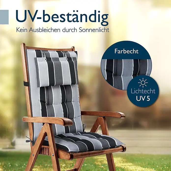 Beautissu Sitzauflage Sun-HL - Hochlehner, 3 Stk., Polyester, Anthrazit - UV-beständiges Sitzkissen mit grau, schwarz und weiß gestreiftem Muster auf einem Holz-Gartenstuhl.
