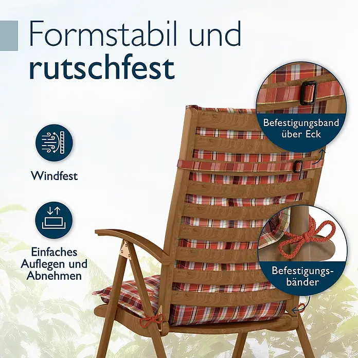 Beautissu Sitzauflage Highlux HL - Hochlehner, 3 Stk., Polyester, Orange-Rot-Grün-Kariert - Plaid-Auflage für Gartenstuhl mit Eckband und Bändern zur sicheren Befestigung.