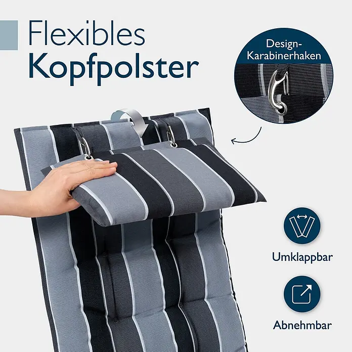 Beautissu Sitzauflage Sun-HL - Hochlehner, 3 Stk., Polyester, Anthrazit - Gestreifte schwarz-grau-weiße Auflage mit flexiblem, abnehmbarem Kopfpolster, das mit einem Karabinerhaken befestigt und umklappbar ist.