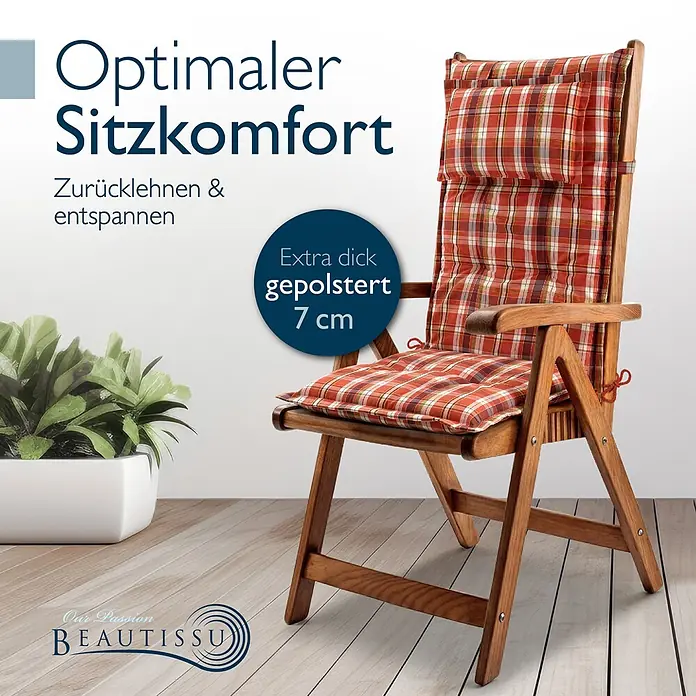 Beautissu Sitzauflage Highlux HL - Hochlehner, 3 Stk., Polyester, Orange-Rot-Grün-Kariert - Holzklappstuhl mit dickem, rot kariertem Kissen für optimalen Komfort.