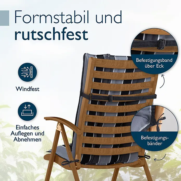Beautissu Sitzauflage Sun-HL - Hochlehner, 3 Stk., Polyester, Anthrazit - Gestreiftes grau/schwarzes Gartenstuhl-Sitzkissen auf einer Holzliege, formstabil, windfest und mit Befestigungsbändern.