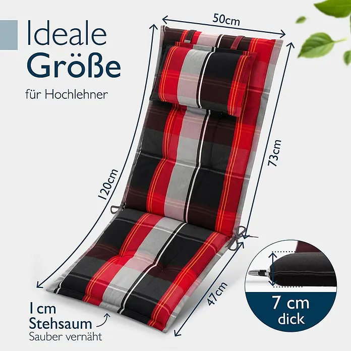 Beautissu Sitzauflage Highlux HL - Hochlehner, 1 Stk., L x B x H: 120 x 52 x 7 cm, Polyester, Schwarz-Rot-Weiß-Kariert - Rot-schwarz-grau karierte Hochlehner-Auflage, 120x50x7cm.