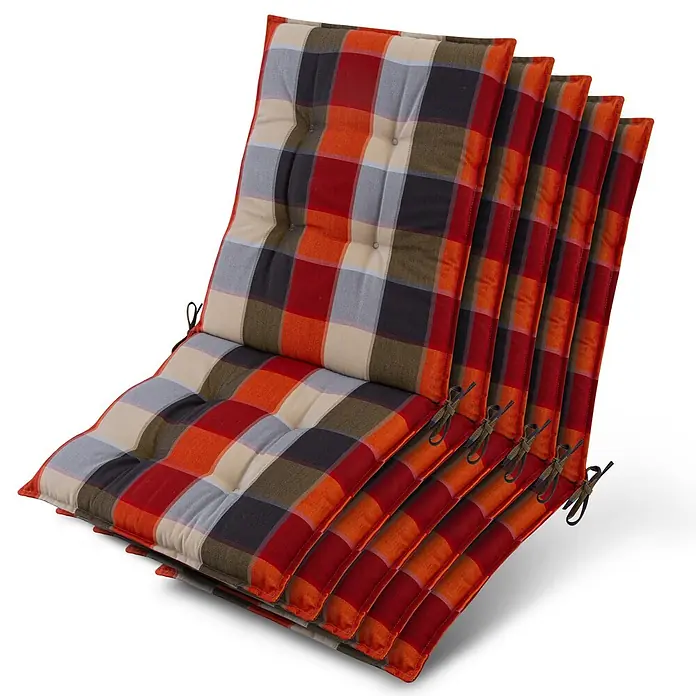 Beautissu Sitzauflage Sun-NL - Niederlehner, 5 Stk., L x B x H: 100 x 50 x 8 cm, Polyester, Orange - Fünf stapelbare Gartenstuhlauflagen mit rot, orange, schwarz und beige kariertem Muster und Bindebändern.