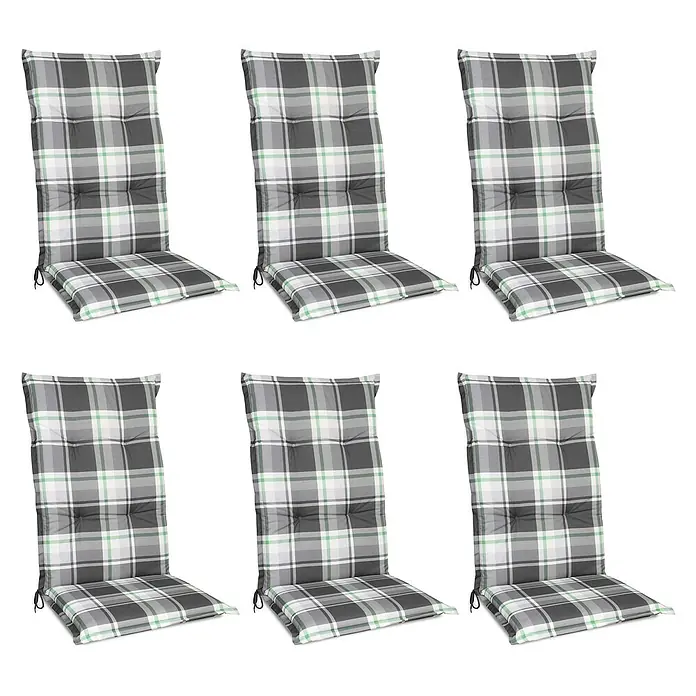Beautissu Sitzauflage Sunny HL - Hochlehner, 6 Stk., Polyester, Mintgrün - Set aus sechs Hochlehner-Stuhlkissen mit grauem, weißem und grünem Karomuster, für Komfort abgesteppt.