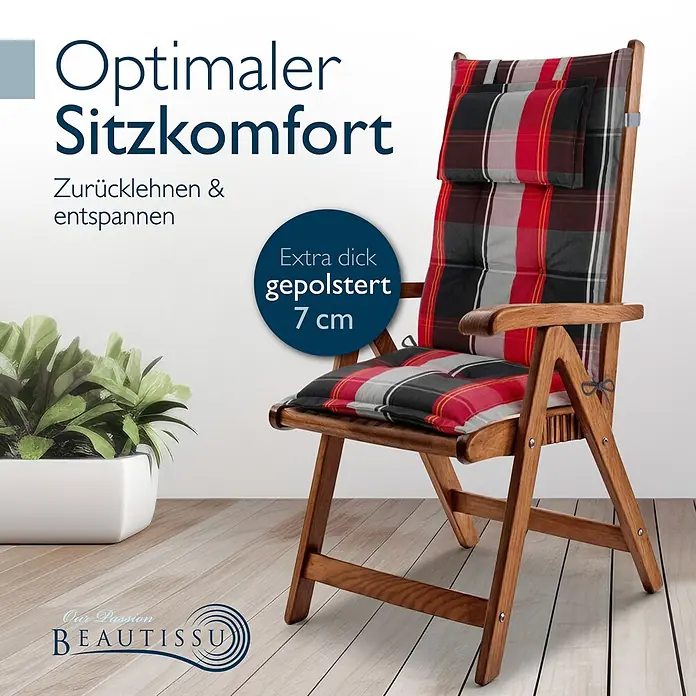 Beautissu Sitzauflage Highlux HL - Hochlehner, 6 Stk., L x B x H: 120 x 52 x 7 cm, Polyester, Schwarz-Rot-Weiß-Kariert - Klappstuhl aus Holz mit dickem (7cm) rot-schwarz-grauem Karokissen für optimalen Sitzkomfort.
