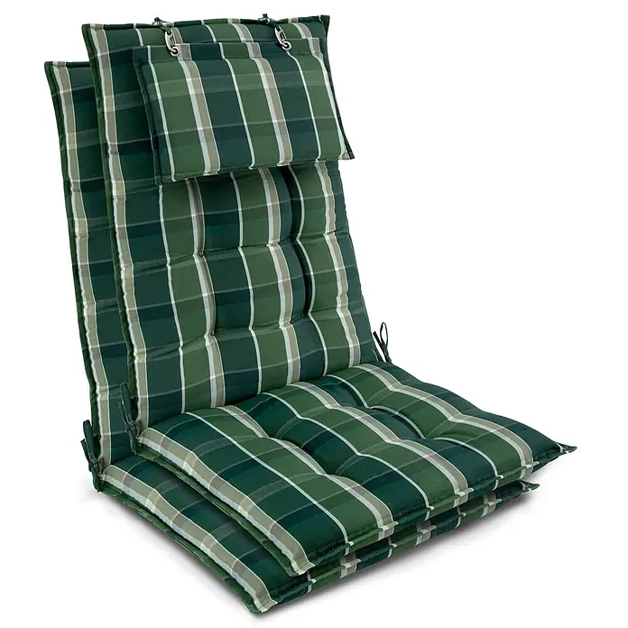 Beautissu Sitzauflage Sun-HL - Hochlehner, 2 Stk., Polyester, Grün-Kariert - Grün-weiß kariertes Stuhlkissen mit separater Kopfstütze, Befestigungsbändern und Metallhaken.