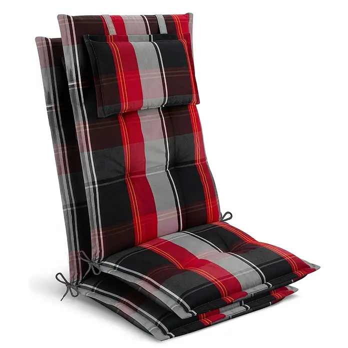 Beautissu Sitzauflage Highlux HL - Hochlehner, 2 Stk., Polyester, Schwarz-Rot-Weiß-Kariert - Rot, schwarz, grau und gelb kariertes Hochlehner-Gartenstuhlauflage mit Kopfstütze und Bindebändern.