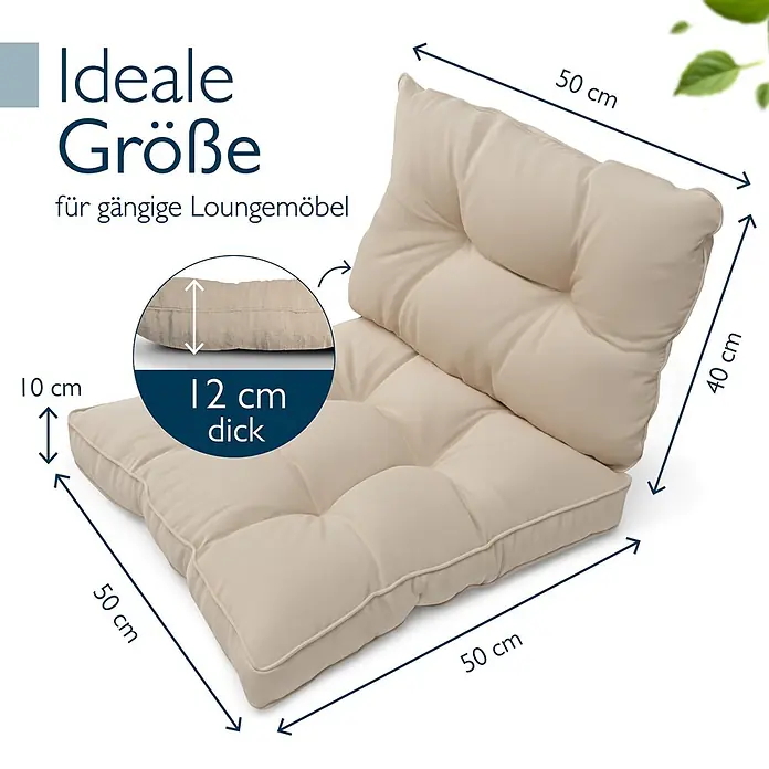 Beautissu Sitzauflage Flair Outdoor - Outdoor Lounge, 2 Stk., L x B x H: 50 x 50 x 22 cm, Polyester, Natur - Beiges, getuftetes Lounge-Kissen-Set mit Maßen 50x50x40 cm und Dicken 12/10 cm, ideal für Gartenmöbel.
