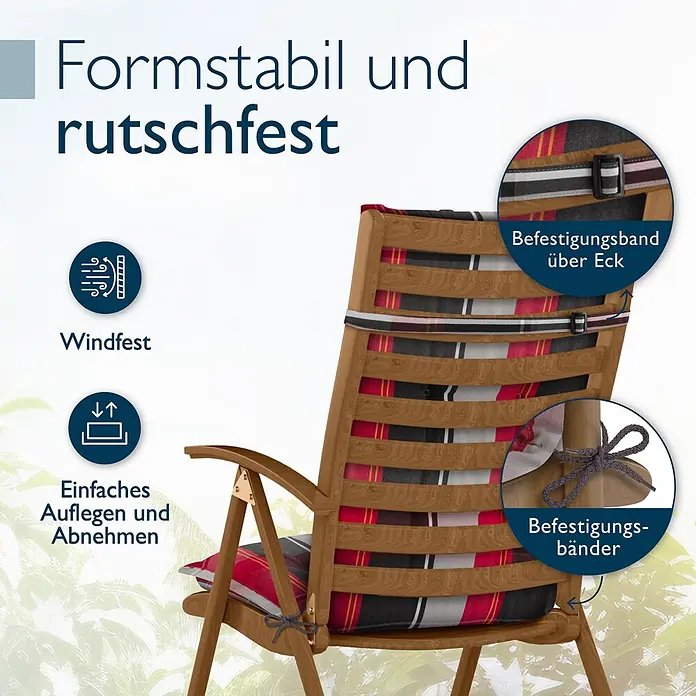 Beautissu Sitzauflage Highlux HL - Hochlehner, 6 Stk., L x B x H: 120 x 52 x 7 cm, Polyester, Schwarz-Rot-Weiß-Kariert - Holzstuhl mit rot-schwarz-weißem Karokissen, befestigt mit Gurten und Bändern für Stabilität.