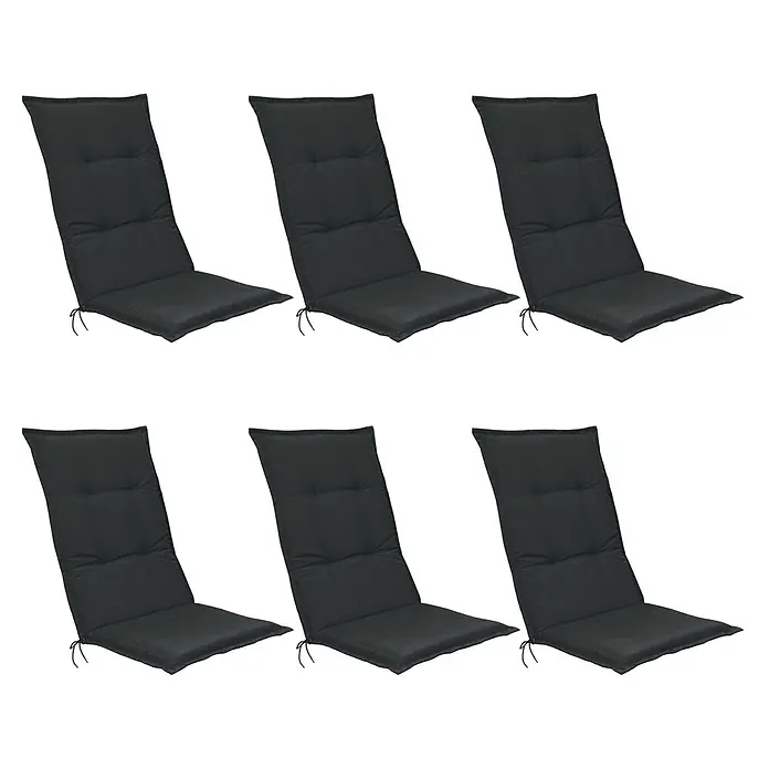 Beautissu Sitzauflage Base HL - Hochlehner, 6 Stk., L x B x H: 120 x 50 x 6 cm, Polyester, Graphitgrau - Sechs schwarze Hochlehner Gartenstuhlauflagen aus Textilgewebe.