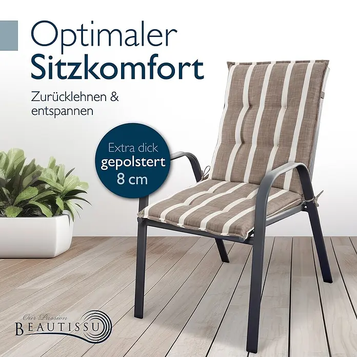 Beautissu Sitzauflage Sun-NL - Niederlehner, 1 Stk., Polyester, Natur-Weiß-Gestreift - Gartenstuhl mit dunkelgrauem Gestell und dickem beige-weiß gestreiftem Kissen, 8 cm gepolstert für optimalen Komfort.