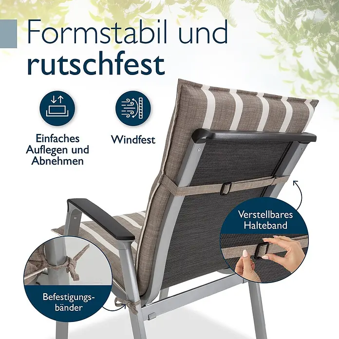 Beautissu Sitzauflage Sun-NL - Niederlehner, 1 Stk., Polyester, Natur-Weiß-Gestreift - Braun-weiß gestreiftes Gartenstuhlpolster mit verstellbarem Halteband und Befestigungsbändern für Stabilität.