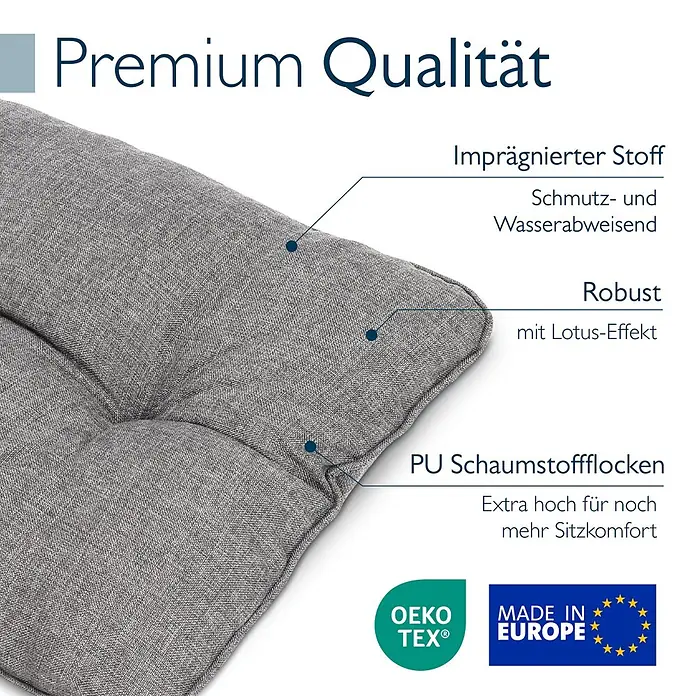 Beautissu Sitzauflage Beauflair - Outdoor Lounge, 1 Stk., L x B x H: 70 x 12 x 40 cm, Polyester, Hellgrau - Nahaufnahme eines grauen, strukturierten Premium-Kissens mit schmutz- und wasserabweisendem Stoff und robusten PU-Schaumflocken für Komfort.
