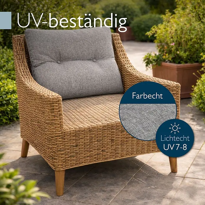 Beautissu Sitzauflage Beauflair - Outdoor Lounge, 1 Stk., L x B x H: 70 x 12 x 40 cm, Polyester, Hellgrau - Rattansessel mit grauem Kissen für den Außenbereich, UV-beständig und farbecht.