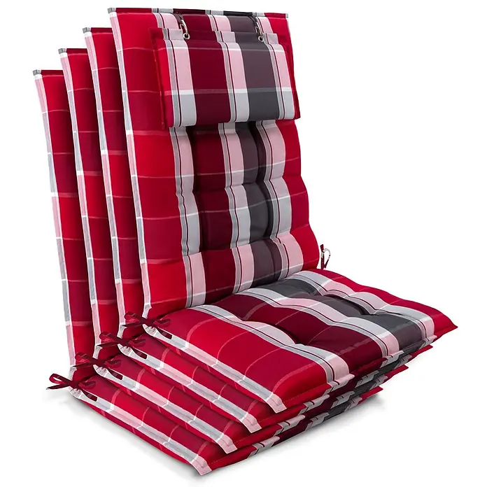 Beautissu Sitzauflage Sun-HL - Hochlehner, 4 Stk., Polyester, rot-gestreift - Gestapelte rot-karierte Gartenstuhlauflagen mit weißen und grauen Streifen und Befestigungsbändern.