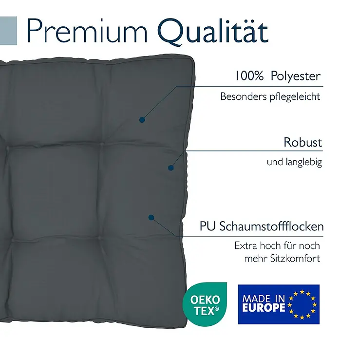 Beautissu Sitzauflage XLuna - Outdoor Lounge, 1 Stk., L x B x H: 40 x 40 x 10 cm, Polyester, Graphitgrau - Dunkelgraues gestepptes Kissen, 100% Polyester, robust, pflegeleicht, mit PU-Schaumstoffflocken für extra Komfort. OEKO-TEX zertifiziert, Made in Europe.