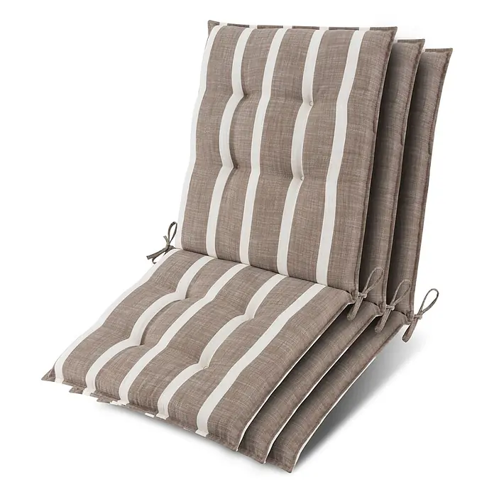 Beautissu Sitzauflage Sun-NL - Niederlehner, 3 Stk., Polyester, Weiß - Gestapelte braun-weiß gestreifte, getuftete Stuhlkissen mit Bändern, ideal für Liegen oder Gartenmöbel.