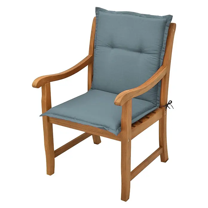 Beautissu Sitzauflage Loft Nl - Niederlehner, 2 Stk., L x B x H: 0 x 0 x 0 cm, Polyester, Taubenblau - Hölzerner Gartenstuhl mit Armlehnen und blauen Polstern für Rückenlehne und Sitzfläche.