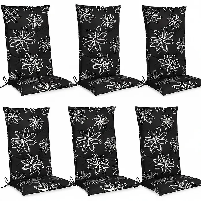 Beautissu Sitzauflage Flores - Hochlehner, 6 Stk., Baumwolle, Polyester, Mehrfarbig - Sechs schwarze Gartenstuhlauflagen mit weißem Blumenmuster und Bindebändern.