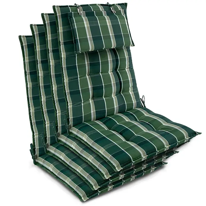 Beautissu Sitzauflage Sun-HL - Hochlehner, 4 Stk., Polyester, grün-Kariert - Mehrere grüne karierte Stuhlkissen, gesteppt und mit Bindebändern.