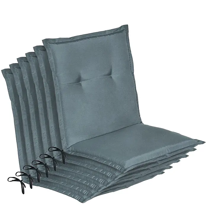 Beautissu Sitzauflage Loft Nl - Niederlehner, 6 Stk., L x B x H: 0 x 0 x 0 cm, Polyester, Taubenblau - Stapel dunkelgrauer Outdoor-Stuhlkissen mit Bändern.
