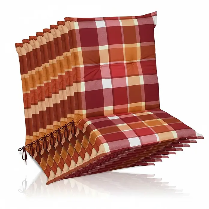 Beautissu Sitzauflage Sunny NL - Niederlehner, 8 Stk., Polyester, Rot - Stapel rot-orange-weiß karierter Stuhlkissen mit Bindebändern.