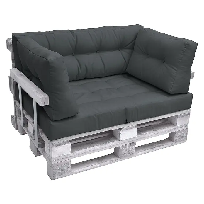 Beautissu Sitzauflage ECO Elements - Europalette, 2 Stk., Polyester, Graphitgrau - Palettensofa aus weißem Holz mit dunkelgrauen Kissen.