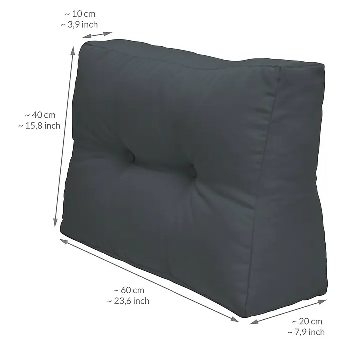 Beautissu Sitzauflage ECO Elements - Europalette, 2 Stk., L x B x H: 60 x 20 x 40 cm, Polyester, Graphitgrau - Dunkelgraues getuftetes Keilkissen, 60x40 cm, mit einer von 10 auf 20 cm zulaufenden Tiefe.